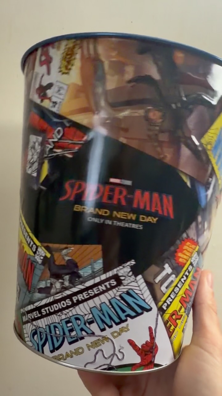 Obsessed with my @cinemark @spiderman popcorn tin! Loved Brand New Day! Cant wait to see it again! @tomholland2013 🕸️ #thwip #spiderman #brandnewday #movies